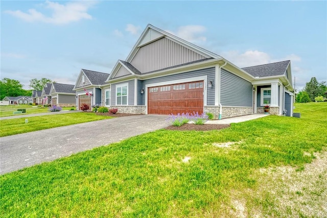 1391 Creeks Edge Dr, Webster, NY 14580 - craftsman inspired home featuring a garage, board and batten siding, a front lawn, driveway, and stone siding
