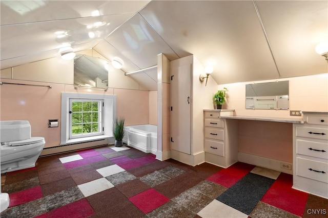9999 Pierce Rd N, Trenton, NY 13354 - full bathroom featuring a baseboard radiator, vanity, vaulted ceiling, and tub / shower combination