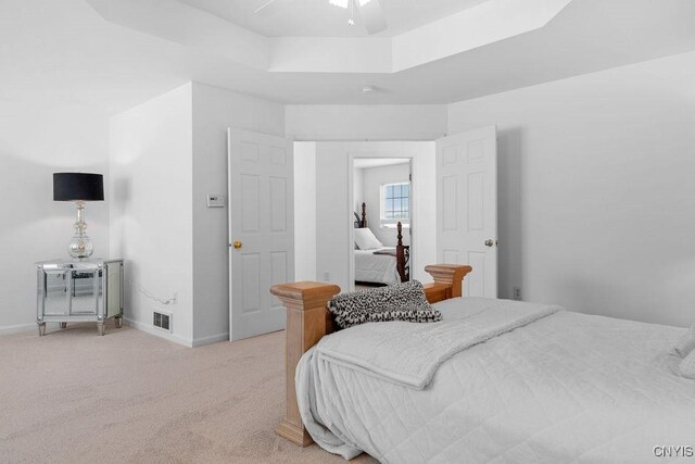 133 Raspberry Ln, Camillus, NY 13031 - bedroom featuring light carpet, a tray ceiling, and ceiling fan