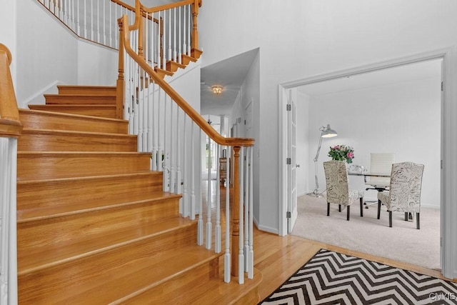 133 Raspberry Ln, Camillus, NY 13031 - stairs featuring wood finished floors, a towering ceiling, and carpet flooring