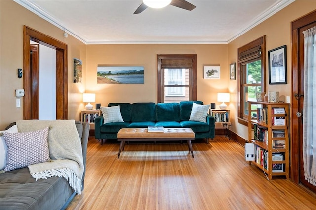 67 Macbeth St, Rochester, NY 14609 - living room with light wood-style floors, a ceiling fan, and crown molding
