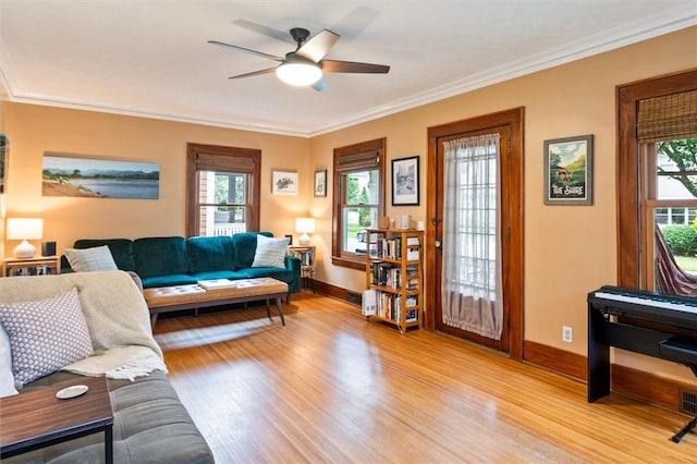 67 Macbeth St, Rochester, NY 14609 - living room with light wood-style flooring, healthy amount of natural light, ceiling fan, and ornamental molding