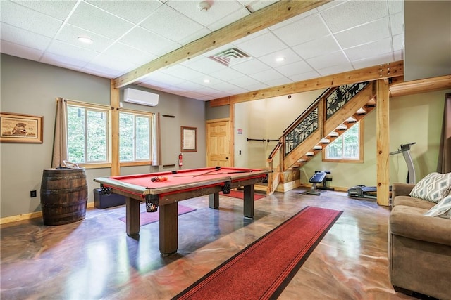 6684 Bishop Rd, Conesus, NY 14435 - playroom featuring finished concrete flooring, a wall unit AC, a paneled ceiling, billiards table, and recessed lighting