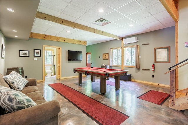 6684 Bishop Rd, Conesus, NY 14435 - rec room featuring a wall unit AC, pool table, recessed lighting, a drop ceiling, and finished concrete flooring