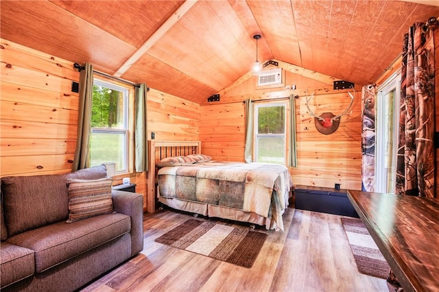 6684 Bishop Rd, Conesus, NY 14435 - bedroom featuring wood finished floors, lofted ceiling, wood walls, and wooden ceiling