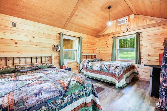 6684 Bishop Rd, Conesus, NY 14435 - bedroom featuring wood ceiling, lofted ceiling, wooden walls, and wood finished floors