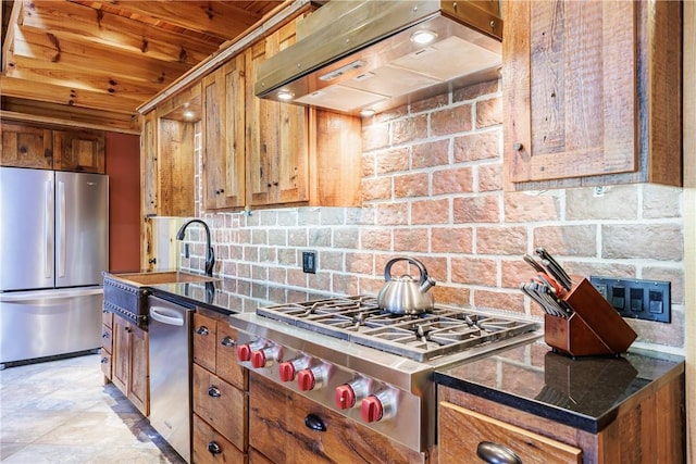 6684 Bishop Rd, Conesus, NY 14435 - kitchen featuring appliances with stainless steel finishes, island range hood, wood ceiling, brown cabinetry, and tasteful backsplash