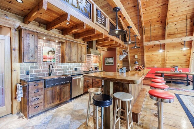 6684 Bishop Rd, Conesus, NY 14435 - kitchen with a wood ceiling with exposed beams, stainless steel appliances, wall chimney range hood, tasteful backsplash, and a center island