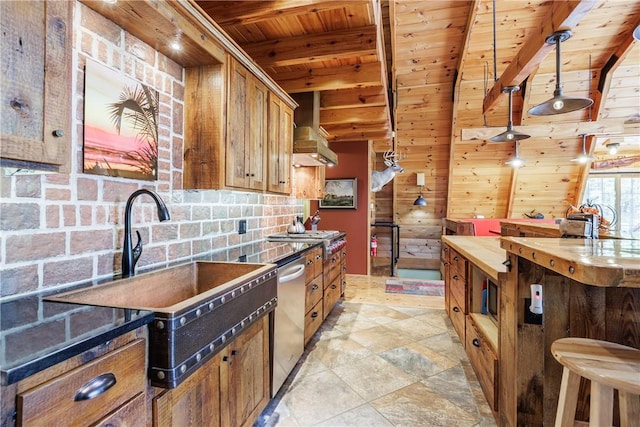6684 Bishop Rd, Conesus, NY 14435 - kitchen with a wood ceiling with exposed beams, brown cabinetry, wooden walls, appliances with stainless steel finishes, and backsplash