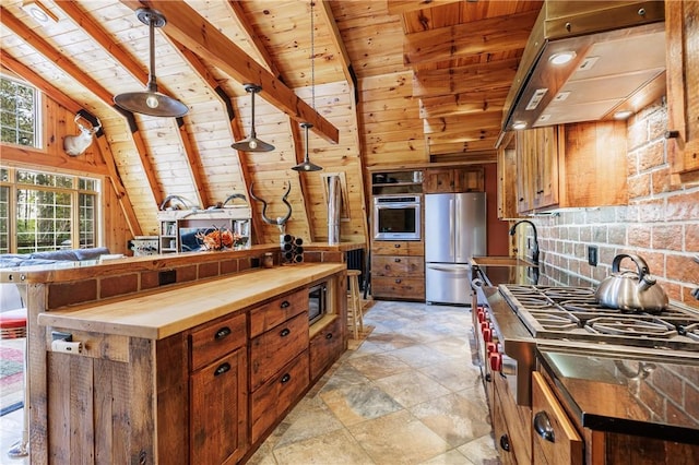 6684 Bishop Rd, Conesus, NY 14435 - kitchen featuring stainless steel appliances, wooden ceiling, wood counters, custom exhaust hood, and decorative backsplash