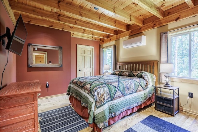 6684 Bishop Rd, Conesus, NY 14435 - bedroom featuring a wood ceiling with exposed beams, a wall mounted air conditioner, and wood finished floors