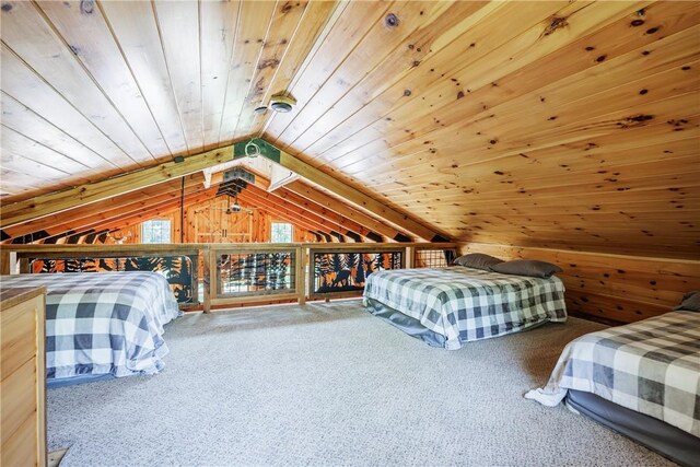 6684 Bishop Rd, Conesus, NY 14435 - bedroom featuring lofted ceiling, wooden ceiling, carpet flooring, and wood walls