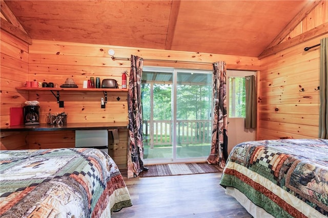 6684 Bishop Rd, Conesus, NY 14435 - bedroom featuring vaulted ceiling, access to exterior, wooden walls, wood ceiling, and wood finished floors