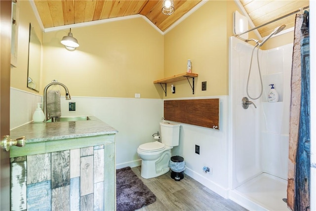 6684 Bishop Rd, Conesus, NY 14435 - full bathroom featuring wooden ceiling, lofted ceiling, wood finished floors, a shower, and vanity