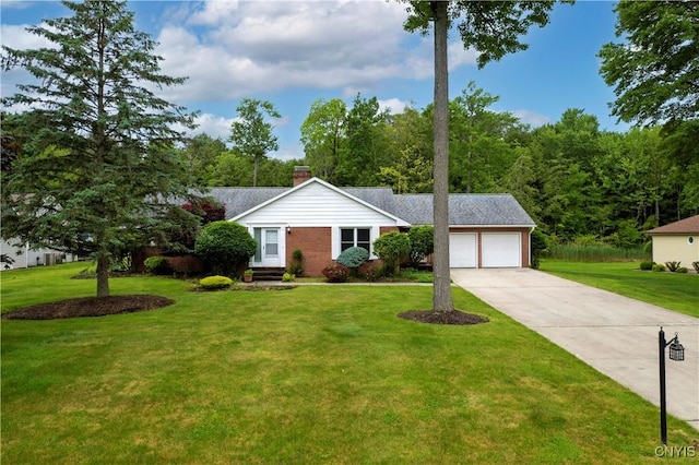 16 Silver Birch Ct, New Hartford, NY 13413 - view of front of home featuring an attached garage, concrete driveway, a chimney, a front yard, and brick siding