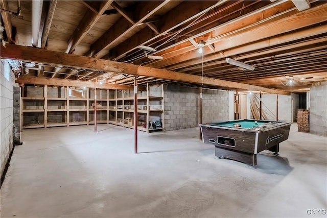 16 Silver Birch Ct, New Hartford, NY 13413 - unfinished basement with billiards table and concrete block wall