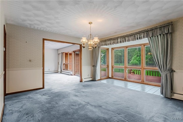 16 Silver Birch Ct, New Hartford, NY 13413 - unfurnished dining area featuring baseboard heating, a wainscoted wall, a chandelier, carpet, and wallpapered walls