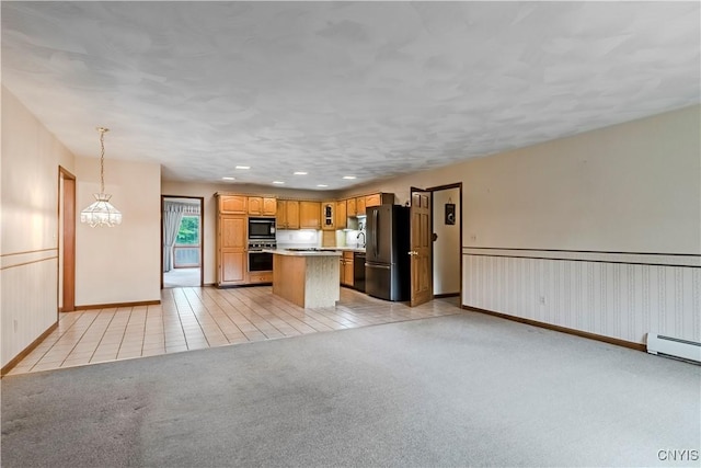 16 Silver Birch Ct, New Hartford, NY 13413 - kitchen featuring freestanding refrigerator, light colored carpet, a center island, black microwave, and recessed lighting