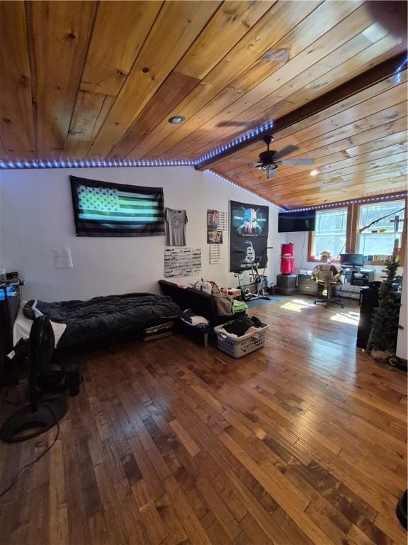 414 Oquaga Lake Rd, Sanford, NY 13754 - living room featuring wooden ceiling, hardwood / wood-style flooring, and ceiling fan