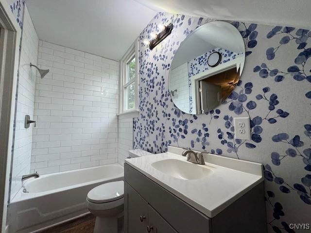 338 Leonard St, Oneida-Inside, NY 13421 - full bathroom with wallpapered walls, vanity, and bathtub / shower combination