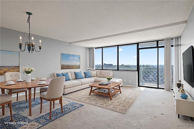 1088 Delaware Ave Unit 9I, Buffalo, NY 14209 - carpeted living room featuring a chandelier and expansive windows
