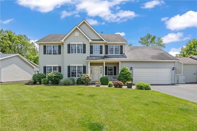 16 Leah Ln, Chili, NY 14514 - colonial inspired home featuring a garage, concrete driveway, a front yard, and a porch