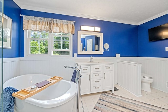 16 Leah Ln, Chili, NY 14514 - full bath with a wainscoted wall, a soaking tub, tile patterned flooring, vanity, and ornamental molding