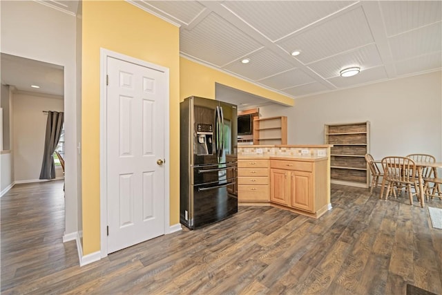16 Leah Ln, Chili, NY 14514 - kitchen with fridge with ice dispenser, light brown cabinets, dark wood-style flooring, ornamental molding, and recessed lighting