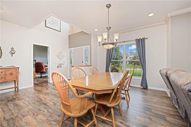 16 Leah Ln, Chili, NY 14514 - dining area with a chandelier, dark wood-type flooring, crown molding, and recessed lighting