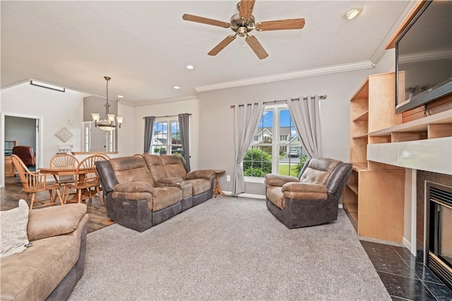 16 Leah Ln, Chili, NY 14514 - living room with a fireplace, recessed lighting, a chandelier, crown molding, and a ceiling fan