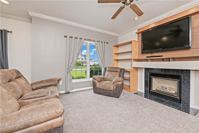 16 Leah Ln, Chili, NY 14514 - living room with carpet flooring, ornamental molding, ceiling fan, and a tiled fireplace