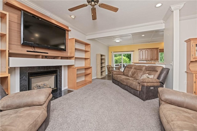 16 Leah Ln, Chili, NY 14514 - living area featuring ornamental molding, ceiling fan, a fireplace, and recessed lighting