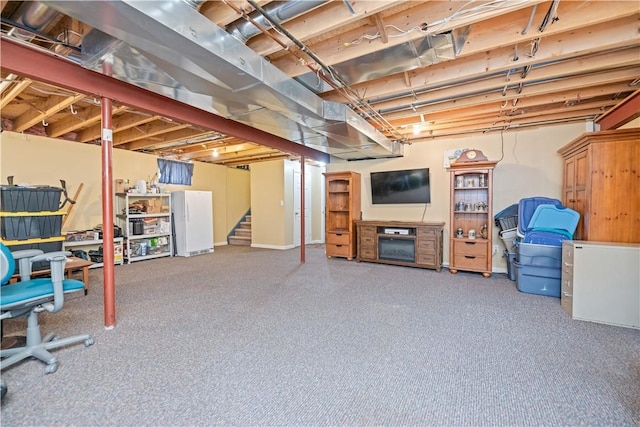 16 Leah Ln, Chili, NY 14514 - unfinished basement featuring freestanding refrigerator, stairs, and carpet