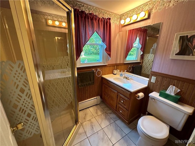 4214 Wilson Burt Rd, Wilson, NY 14172 - bathroom featuring a baseboard radiator, wainscoting, vanity, a stall shower, and marble look tile flooring
