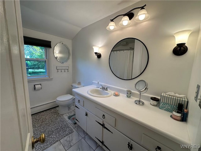 4214 Wilson Burt Rd, Wilson, NY 14172 - full bathroom featuring a baseboard radiator, vaulted ceiling, marble finish flooring, and vanity