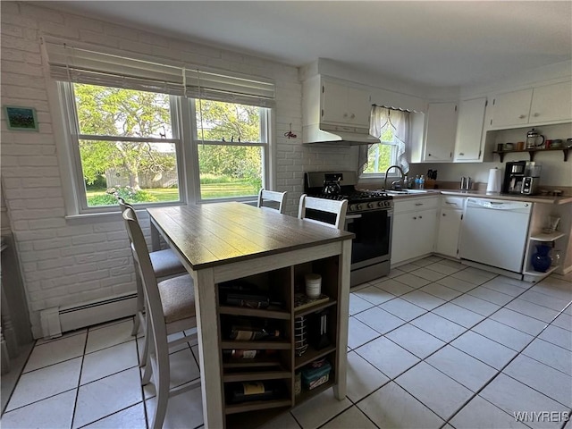 4214 Wilson Burt Rd, Wilson, NY 14172 - kitchen featuring dishwasher, gas range, light tile patterned flooring, open shelves, and under cabinet range hood