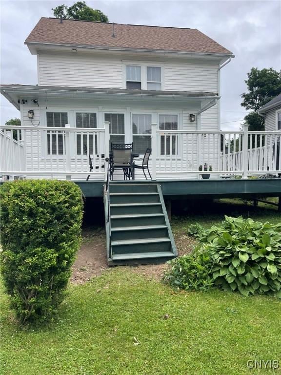 336 Hickok Ave, Syracuse, NY 13206 - rear view of house with stairs, a deck, a yard, and roof with shingles