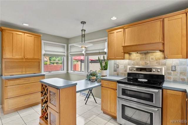 580 Roycroft Blvd, Cheektowaga, NY 14225 - kitchen featuring double oven range, decorative backsplash, recessed lighting, light tile patterned flooring, and decorative light fixtures