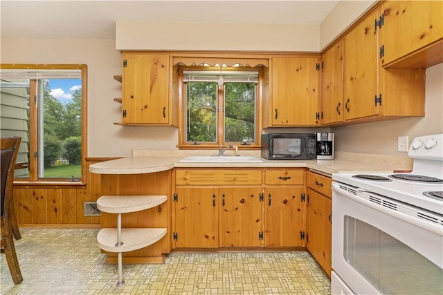 970 Elmgrove Rd, Gates, NY 14624 - kitchen with electric range, black microwave, light countertops, healthy amount of natural light, and wood walls