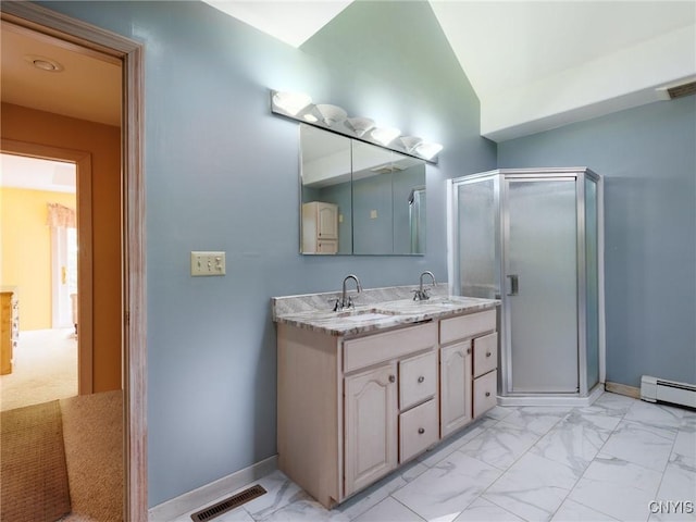 21751 Hewitt Dr, Champion, NY 13619 - bathroom with marble look tile flooring, double vanity, a stall shower, baseboard heating, and lofted ceiling