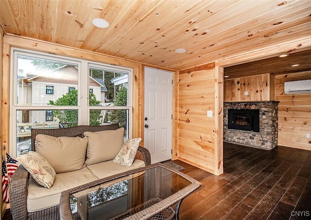 5345 Paddleford Rd, Eaton, NY 13334 - living room with wood ceiling, a wall mounted air conditioner, dark wood finished floors, wooden walls, and a stone fireplace