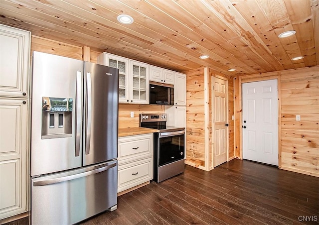 5345 Paddleford Rd, Eaton, NY 13334 - kitchen with appliances with stainless steel finishes, dark wood-style floors, glass insert cabinets, wood ceiling, and white cabinetry