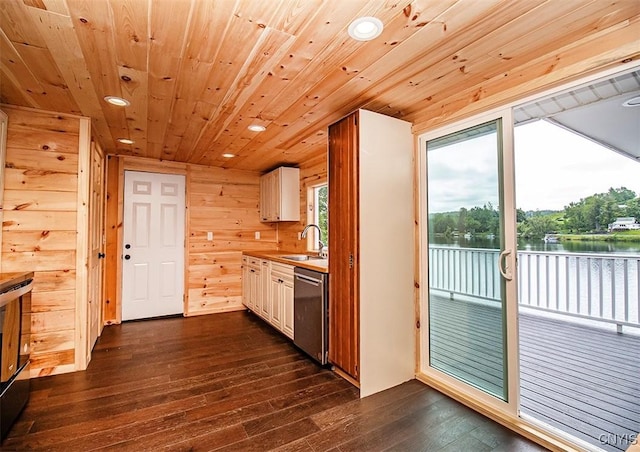 5345 Paddleford Rd, Eaton, NY 13334 - kitchen featuring dishwasher, dark wood-type flooring, recessed lighting, wood walls, and a water view