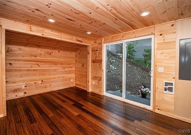 5345 Paddleford Rd, Eaton, NY 13334 - empty room with dark wood-style flooring, electric panel, wood ceiling, wood walls, and recessed lighting