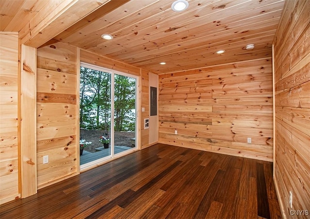 5345 Paddleford Rd, Eaton, NY 13334 - spare room with wooden walls, recessed lighting, dark wood finished floors, wooden ceiling, and electric panel