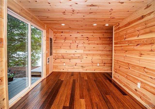 5345 Paddleford Rd, Eaton, NY 13334 - empty room with wood walls, wooden ceiling, dark wood-style flooring, and recessed lighting