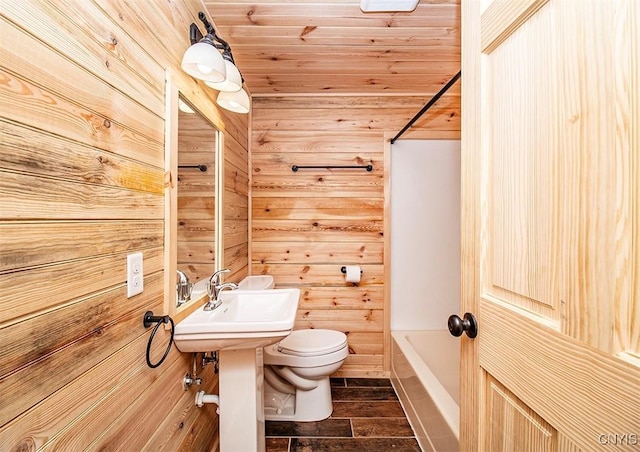 5345 Paddleford Rd, Eaton, NY 13334 - full bathroom with wooden walls, tub / shower combination, wood ceiling, and wood finished floors