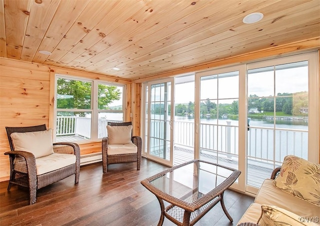 5345 Paddleford Rd, Eaton, NY 13334 - sunroom featuring wooden ceiling, hardwood / wood-style flooring, and a water view