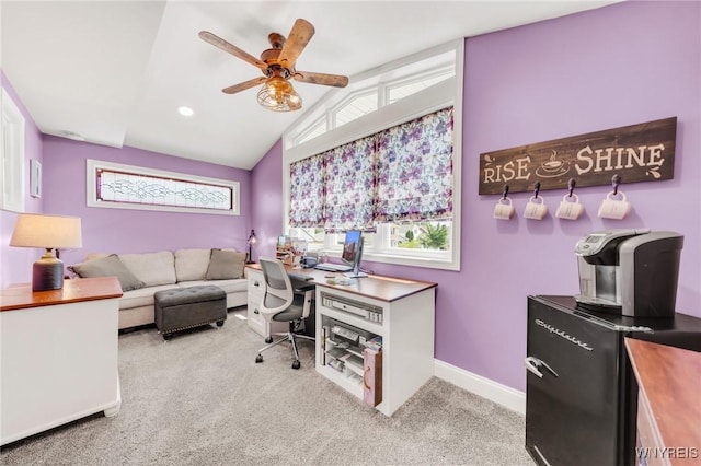749 Colvin Blvd, Tonawanda-Town, NY 14217 - home office with vaulted ceiling, a ceiling fan, plenty of natural light, and light carpet