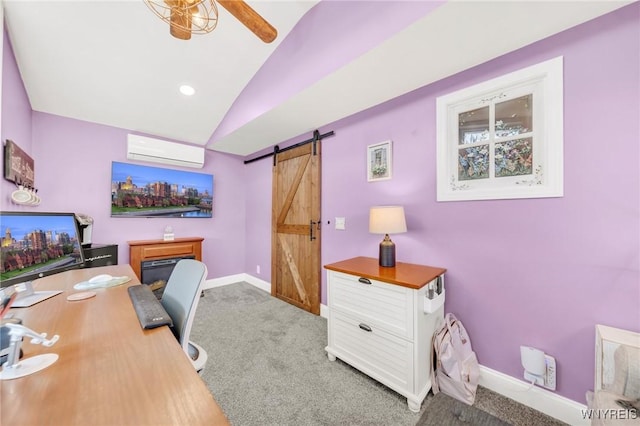 749 Colvin Blvd, Tonawanda-Town, NY 14217 - office area with a wall mounted air conditioner, a barn door, lofted ceiling, light colored carpet, and a ceiling fan